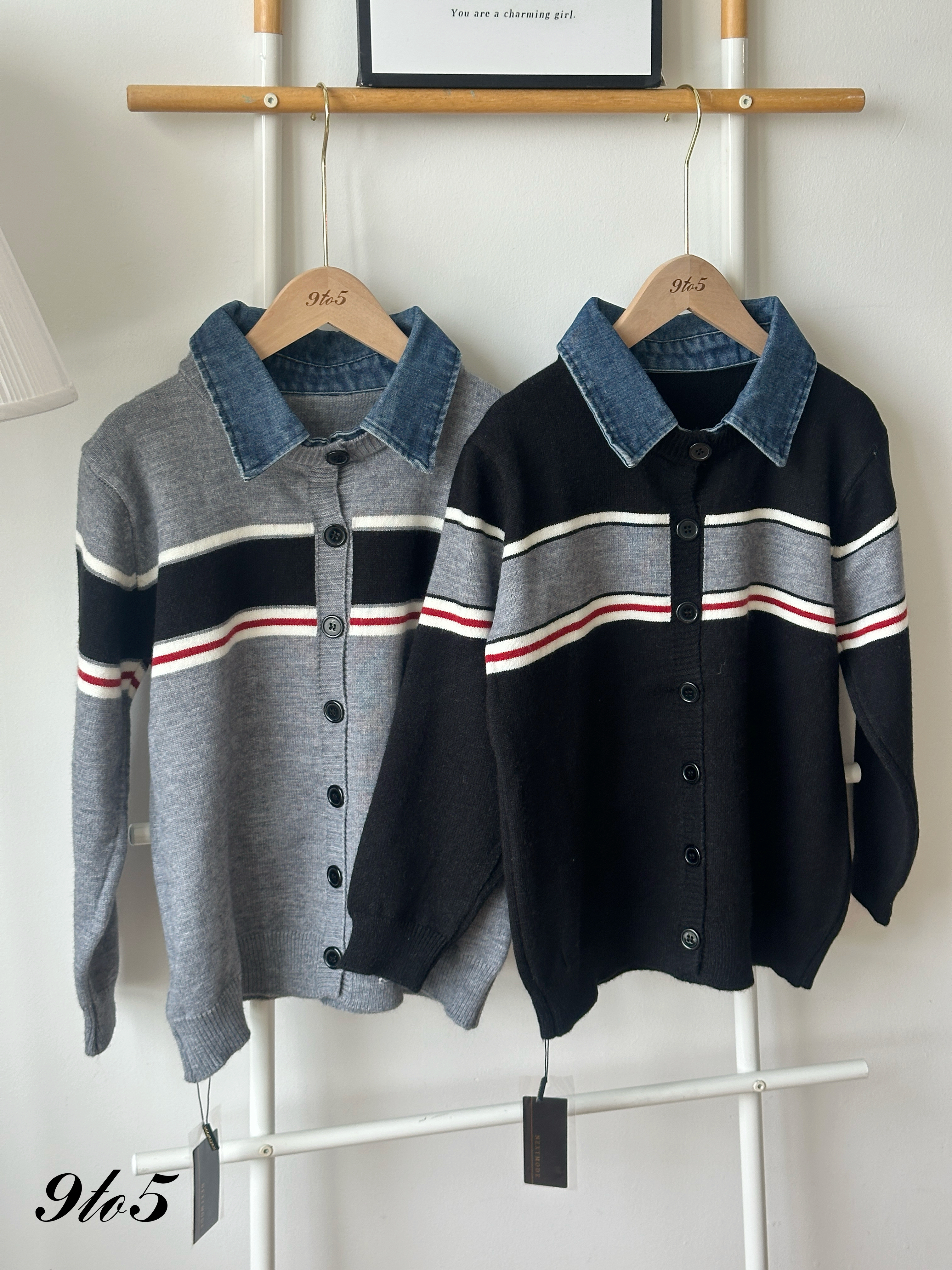 T4359 Denim Collar Knit Sweater - Black & Grey