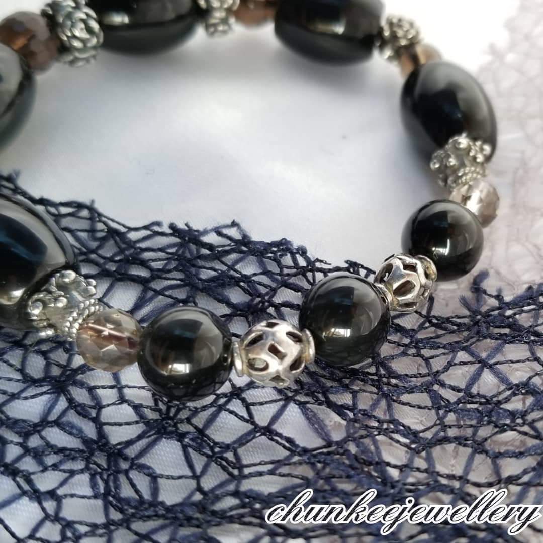 黑曜石茶水晶藏銀手鏈