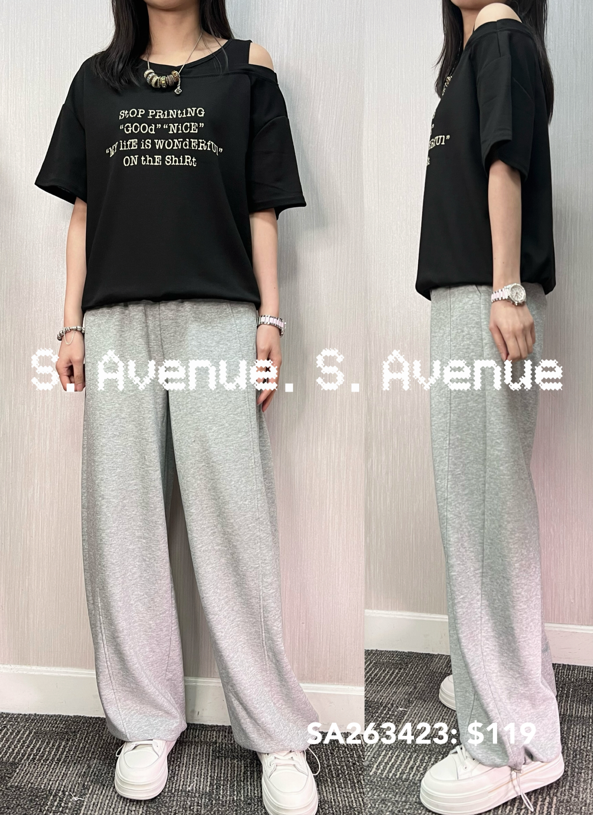 SA263423: 單邊露膊英文字束腳tee