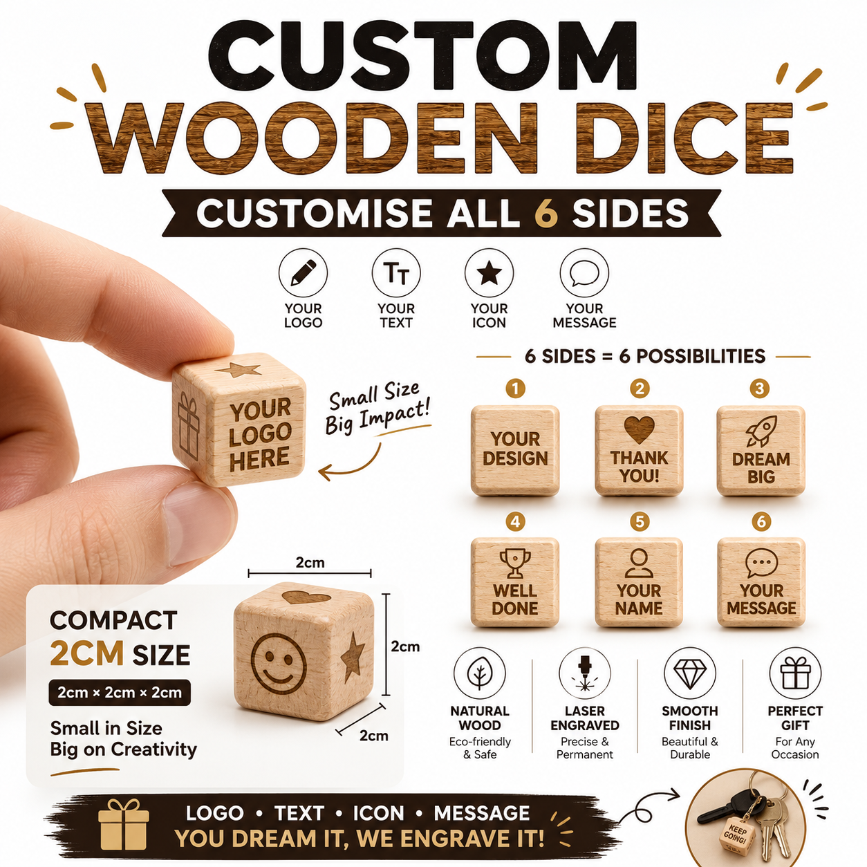 CUSTOM WOODEN DICE – Personalised Logo, Text & Design on All 6 Sides | 2CM
