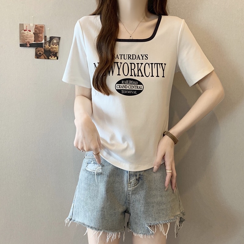 A59(33858) 韩版时尚撞色U领NEWYORK CITY 5色上衣