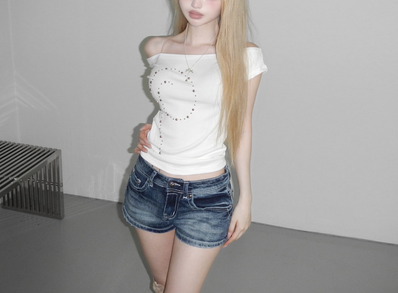 Studded Off-Shoulder Short Sleeve Top