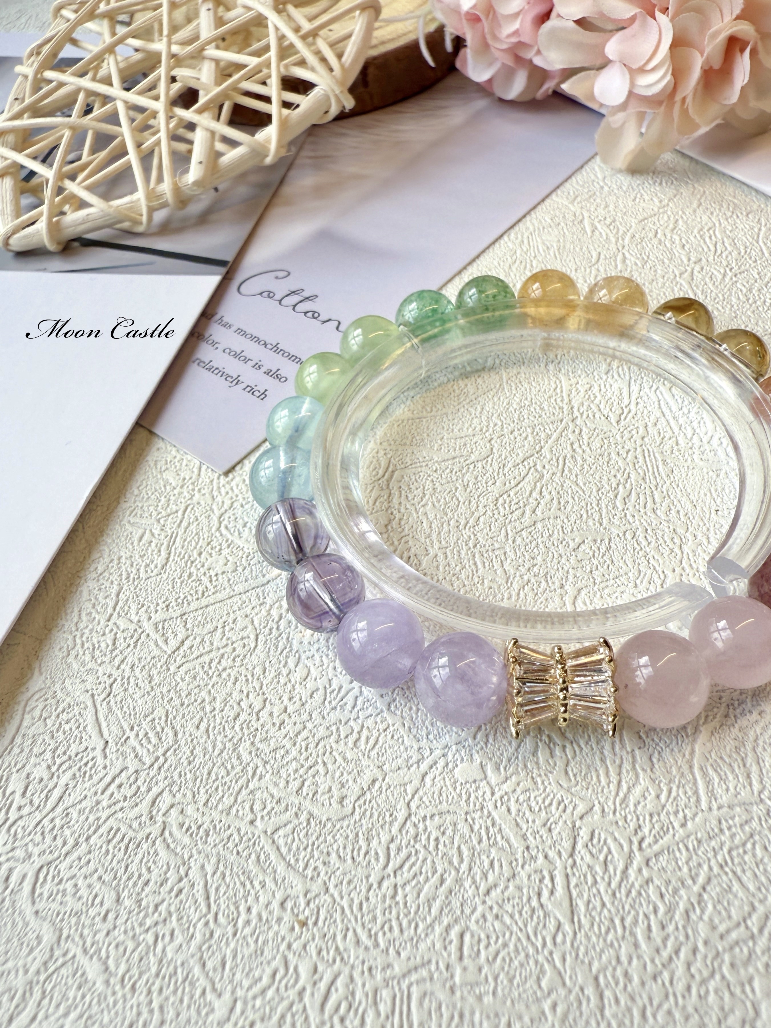 粉晶x草莓晶x紅膠花x黃水晶x綠草莓晶x葡萄石x海藍寶x巴西紫水晶x薰衣草紫晶手鏈