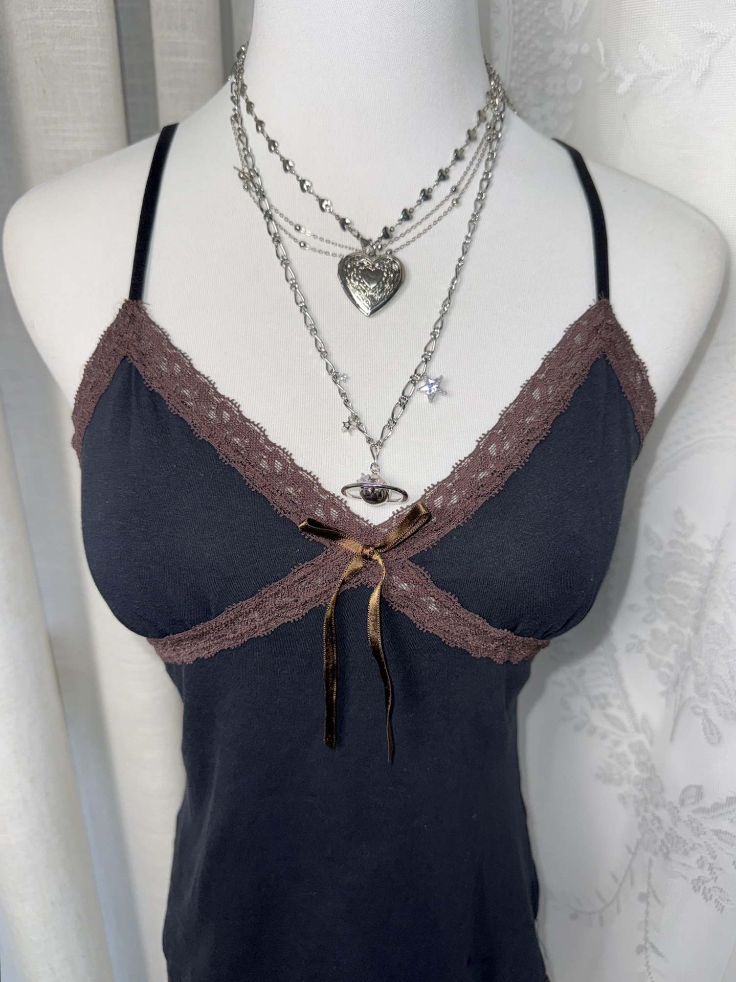 Vintage Espresso Black & Brown Lace Trim Cami Top