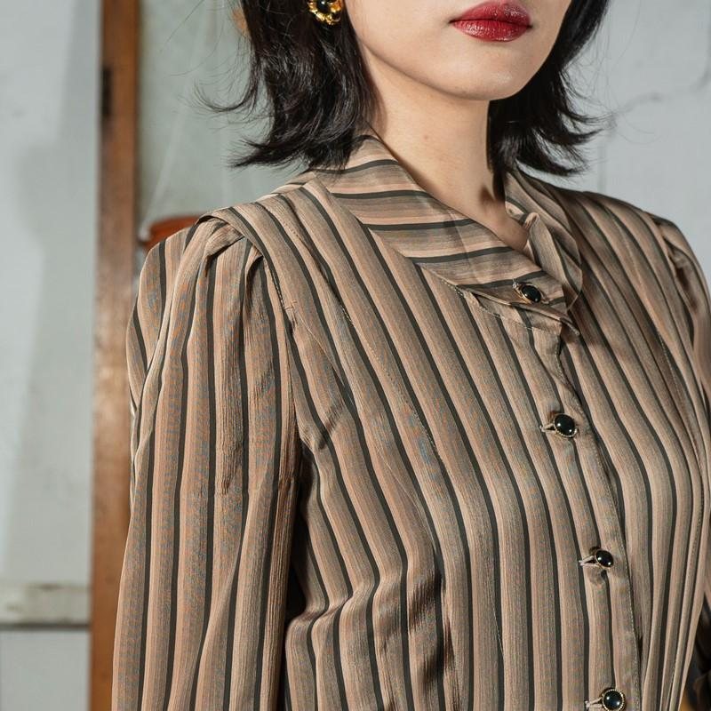 Vintage Toffee Tone Striped Pattern Button Up Day Dress (MT1608-148)