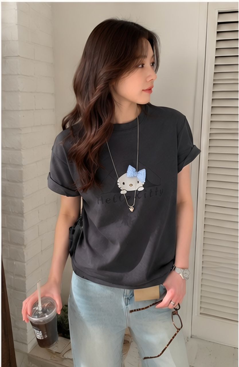 A012282 New Korean-style Oversized Slimming Versatile Crew Neck KT Bow Short Sleeve T-Shirt