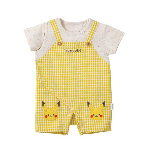 🇯🇵預訂 日本直送🇯🇵Monpoke比卡超刺繡貼花黃色格紋吊帶短袖連身服