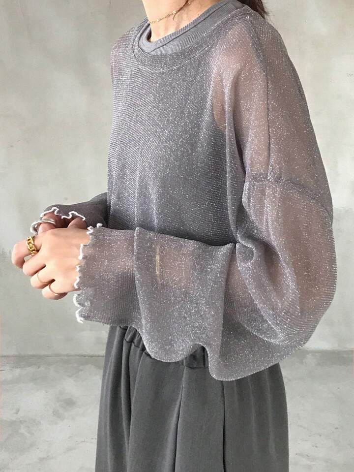 （多色）閃亮透視長袖上衣