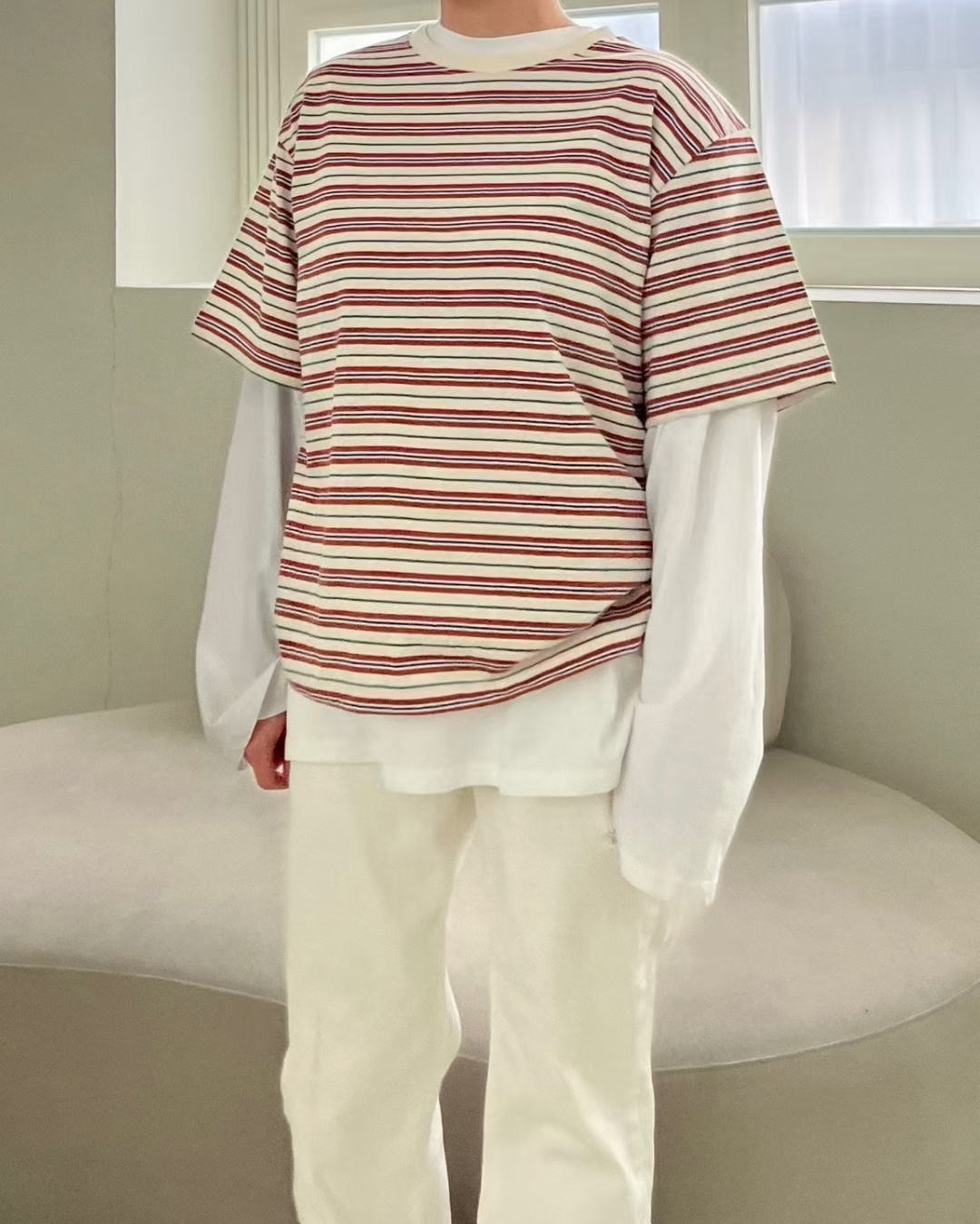 Vintage-Inspired Loose Fit Multicolor Striped T-Shirt with Contrast Collar ‖ 复古撞色多色条纹宽松T恤KR01311601
