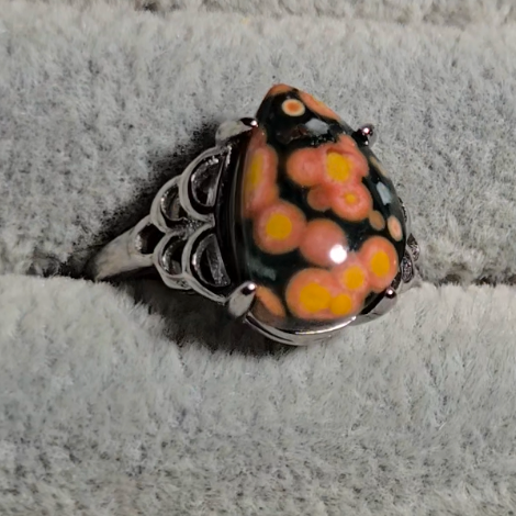 Old stock ocean jasper ring with pink-ringed yellow orbs (A) - JW33