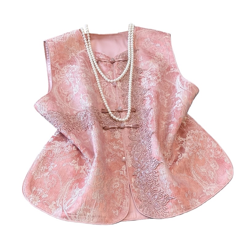 B58(0166) 新中式民族风重工提花横直刺绣蕾丝花粉黄马甲上衣 