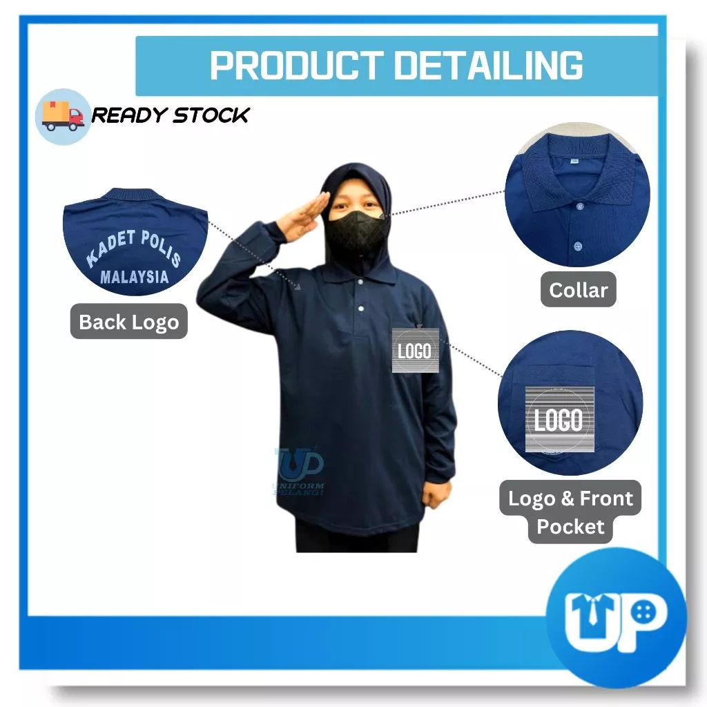 Baju Tshirt Kadet Polis Lengan Panjang Berkolar Biru Tua Kokurikulum Cadet Police Collar School Cotton Uniform Pelangi
