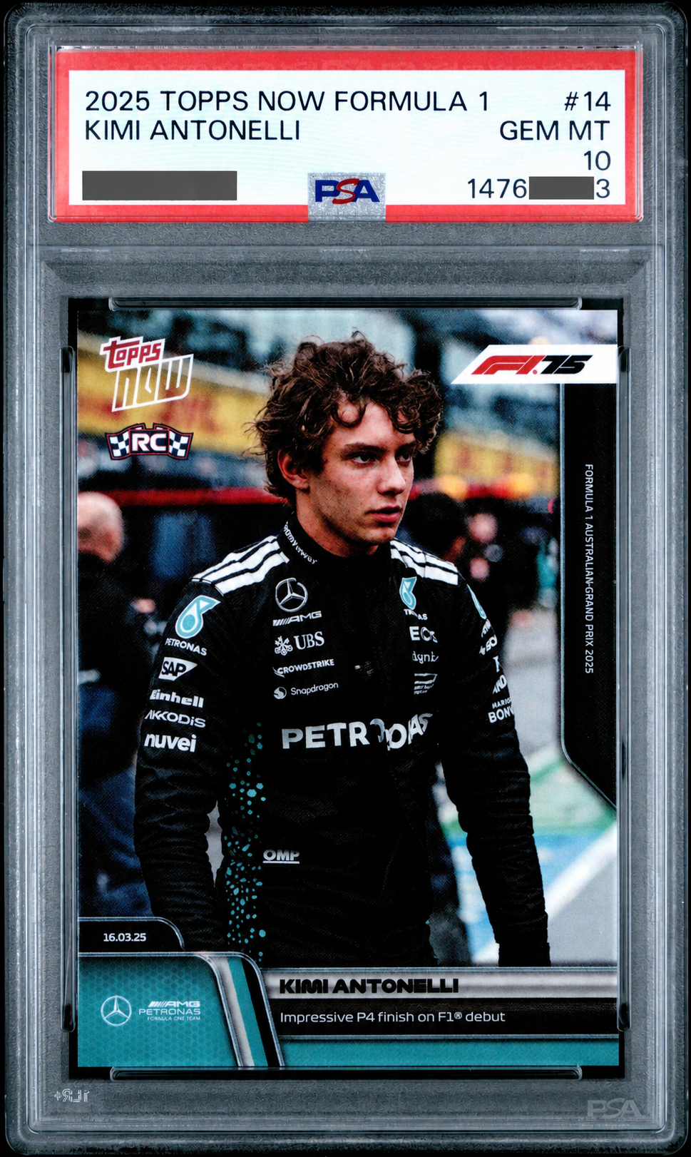 Kimi Antonelli RC - F1首戰 Topps NOW® #14 PSA 10｜新世代銀箭焦點卡・PR 7,291