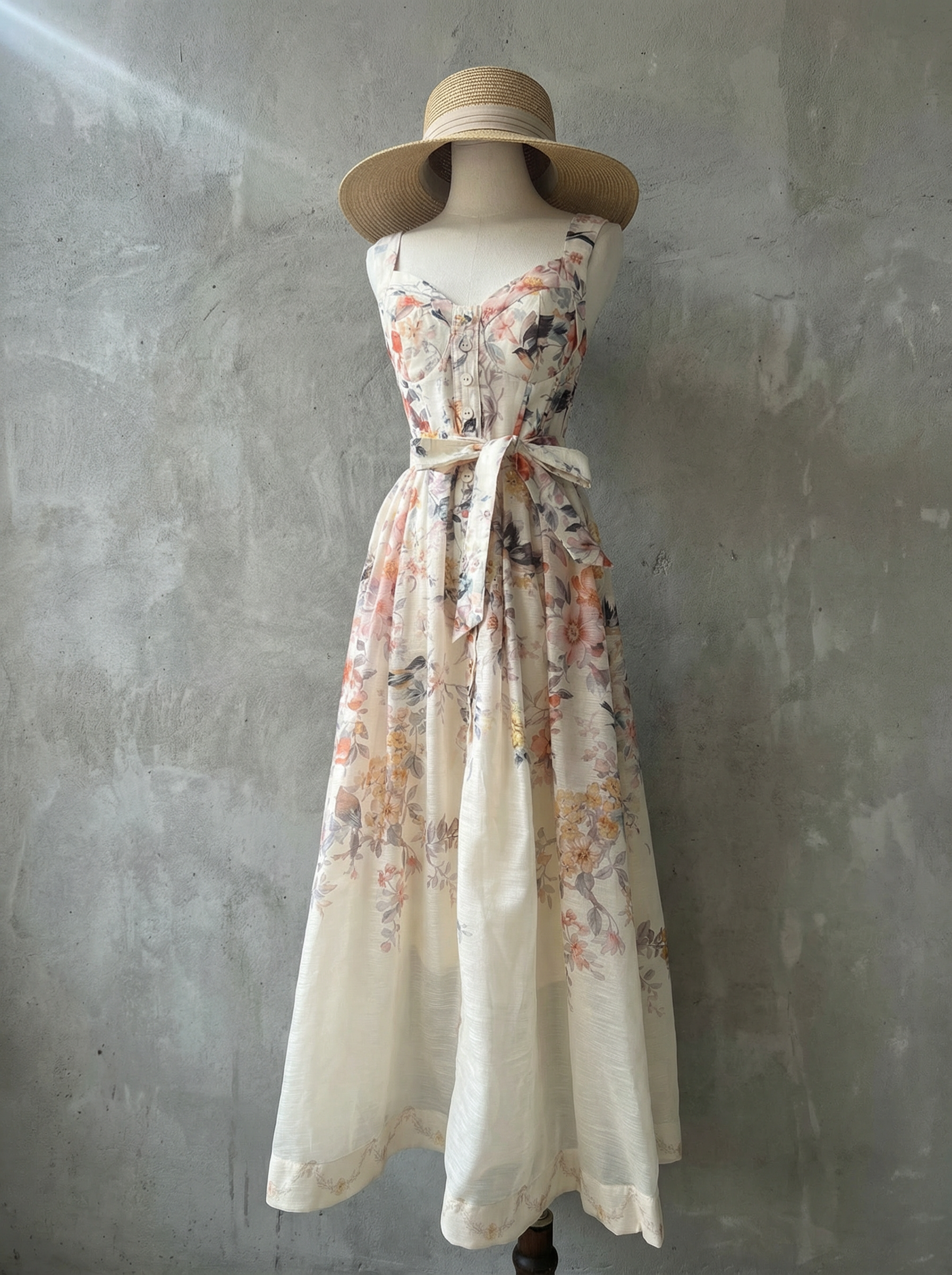 復古花卉印花連身裙配腰帶