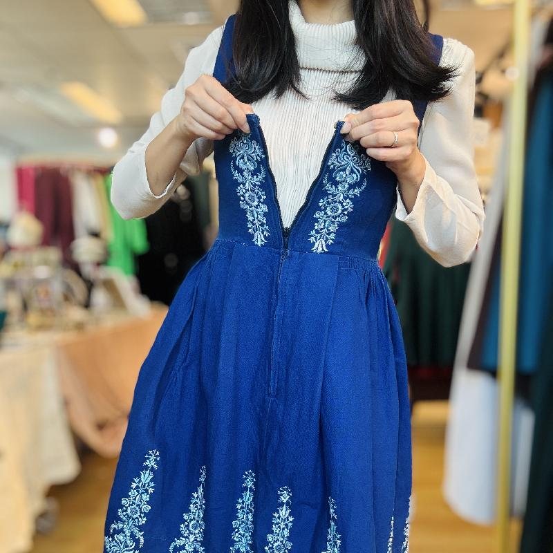 Vintage Embroidered Blue Dirndl Dress - Size S/XS