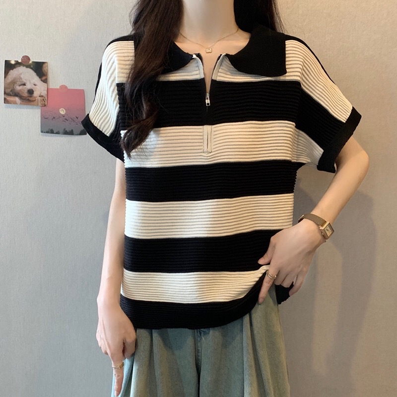 B135(942) 韩版洋气拉链翻领撞色横纹针织黑上衣 