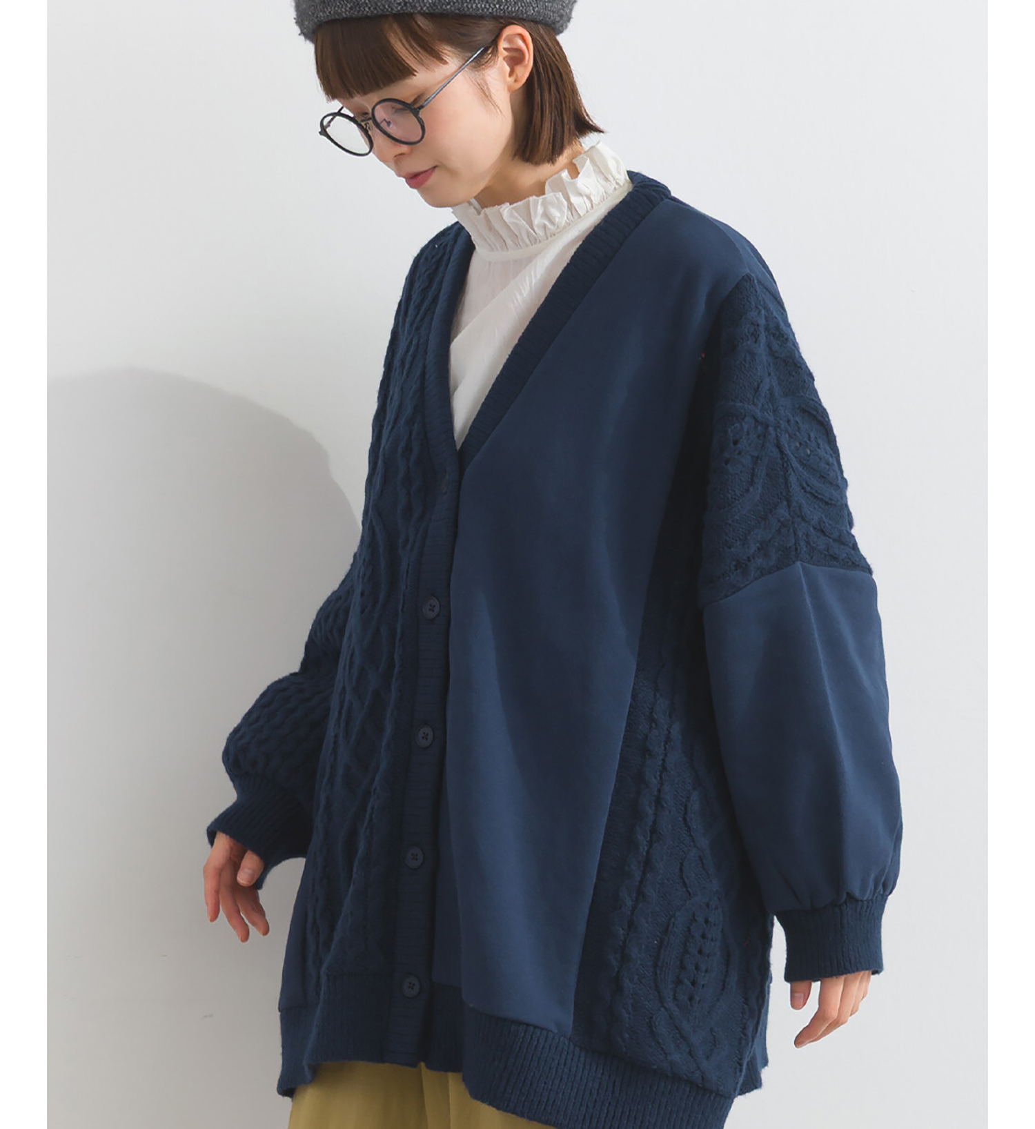 LP - 織紋拼接開襟外套 (深藍色)