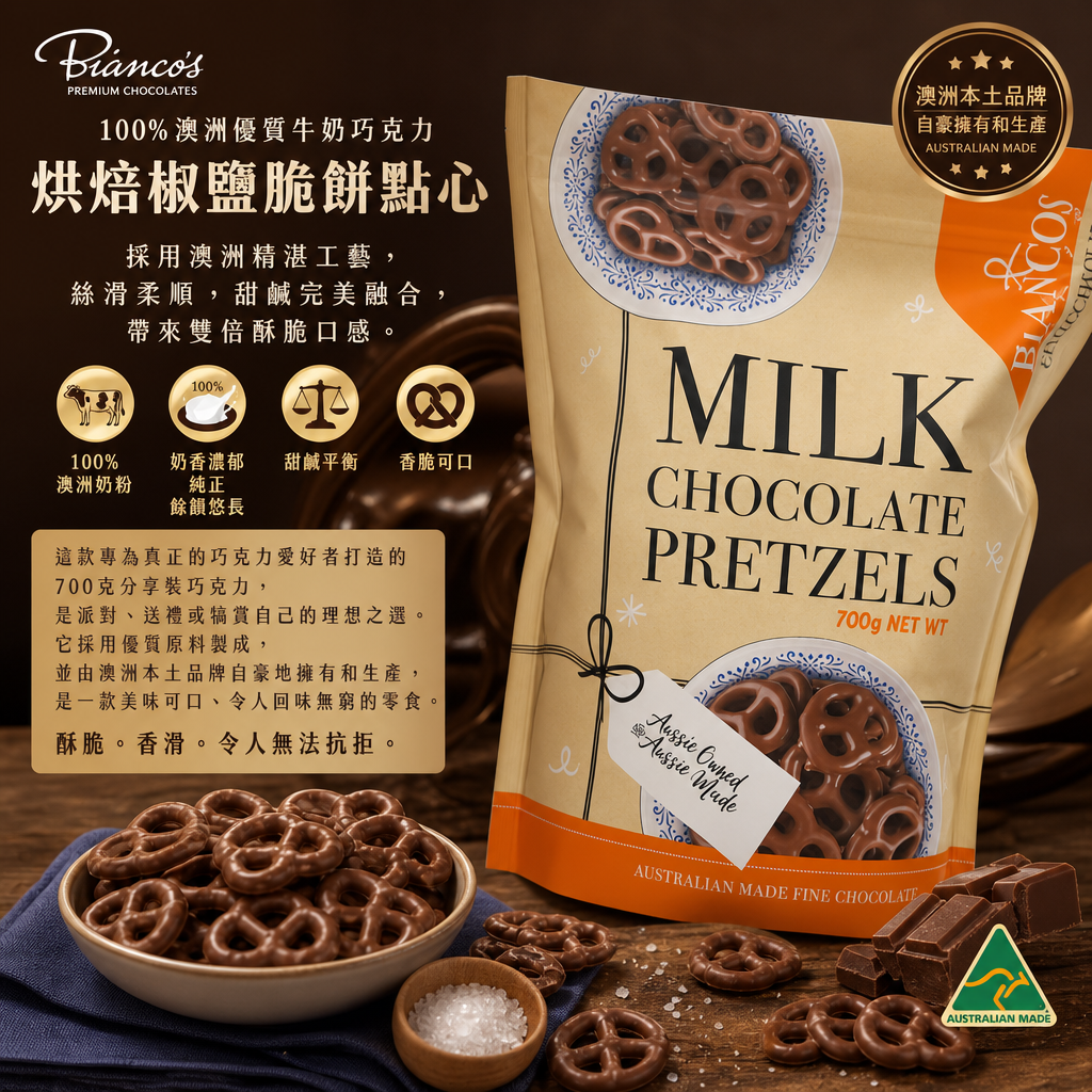 澳洲Costco  Biancos 100% 澳洲優質牛奶巧克力烘焙椒鹽脆餅點心 700g 