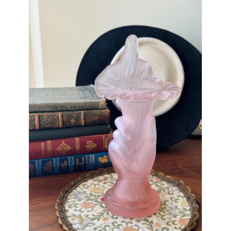 Rare! Antique 1920s Art Deco Blossom in Lady's Hand Pink Frosted Glass Vase (MT2189)