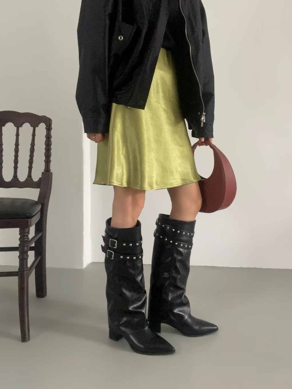 Pointed Studded Buckle Tall Boots