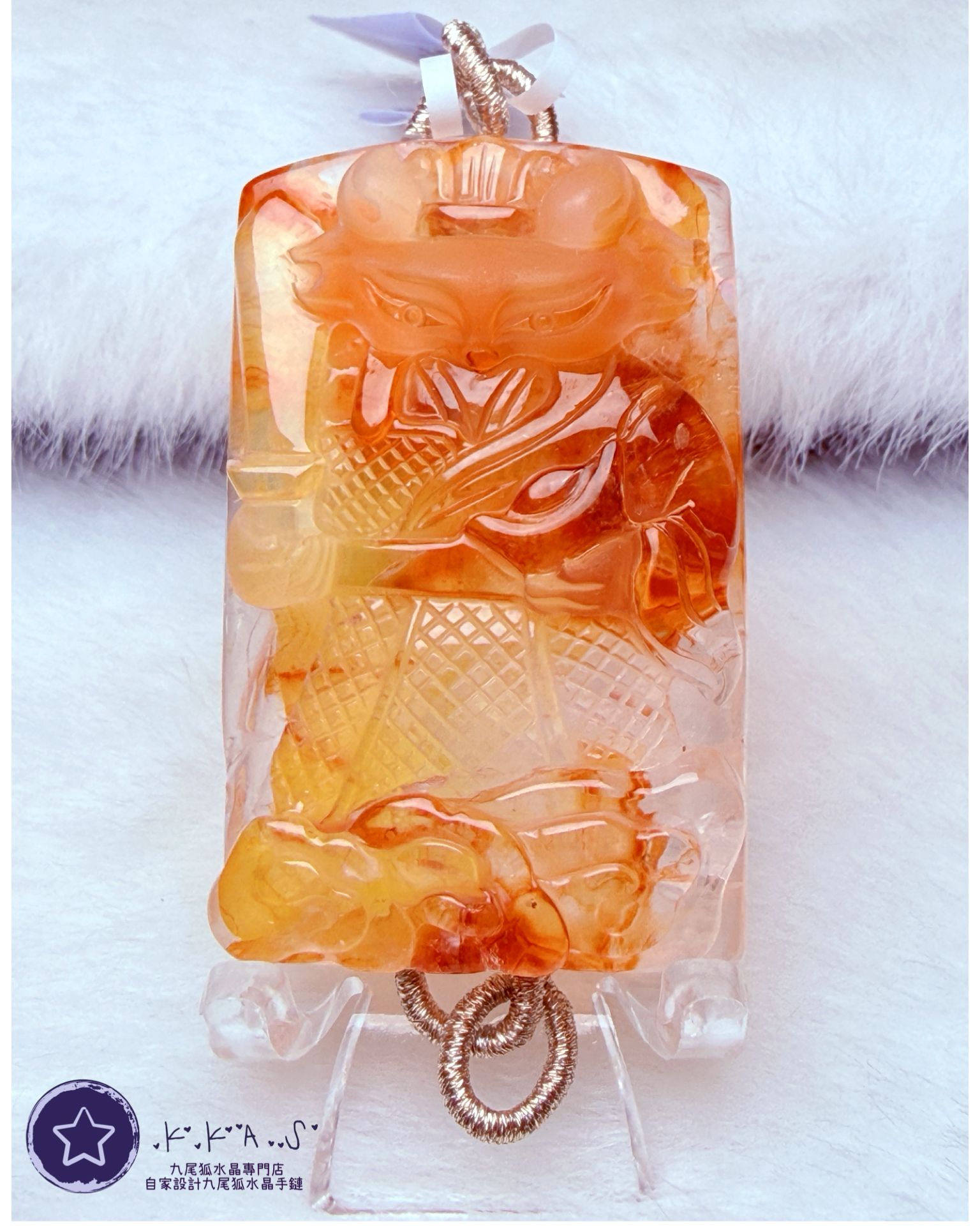 K00125 橙紅膠花 將軍狐 - 吊墜/手牌兩用款