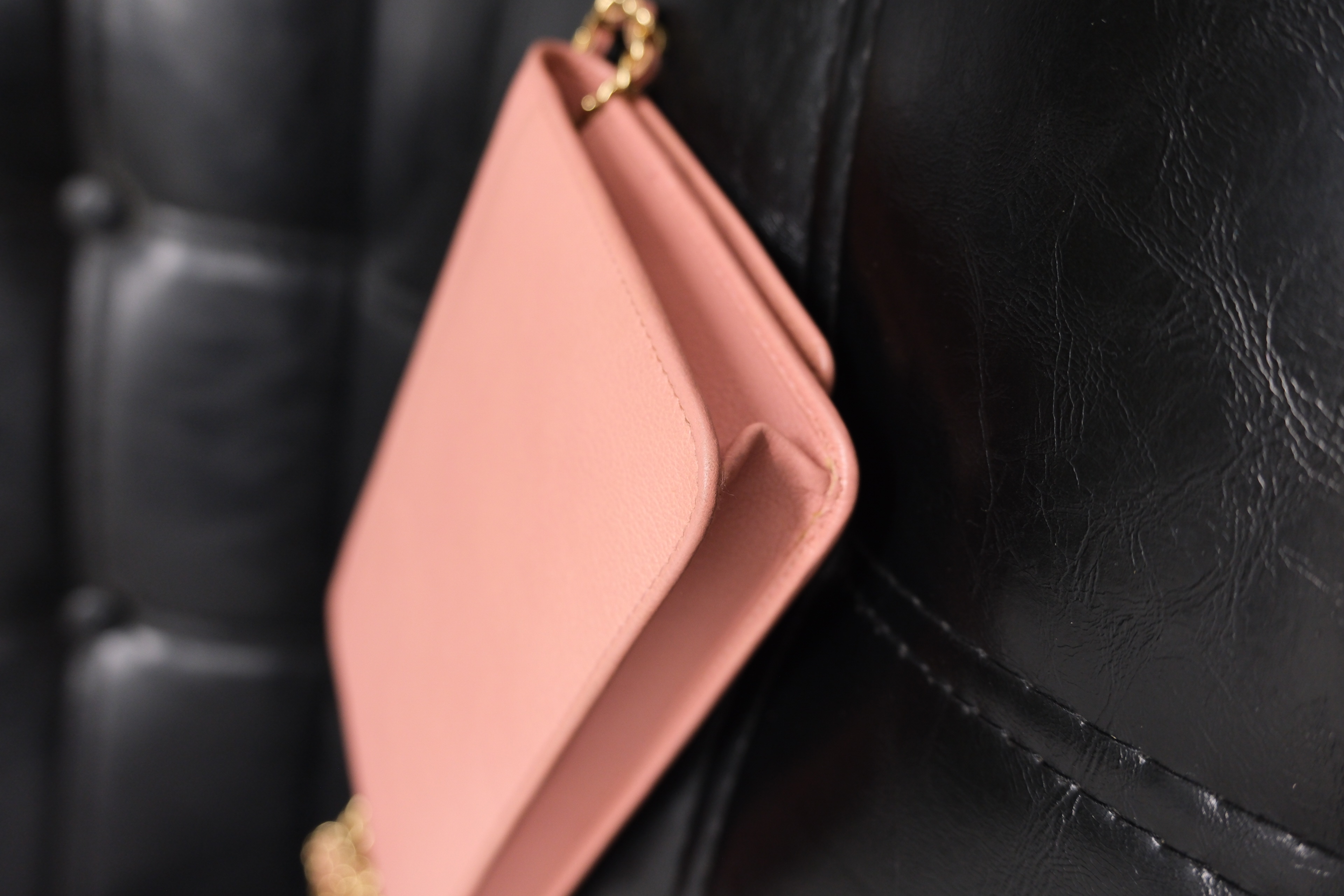 Chanel Camelia Leather Chain Wallet Pink Gold