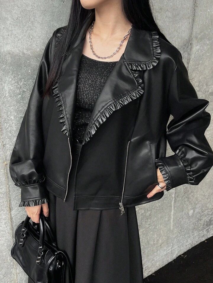 荷葉邊裝飾黑色人造皮革外套