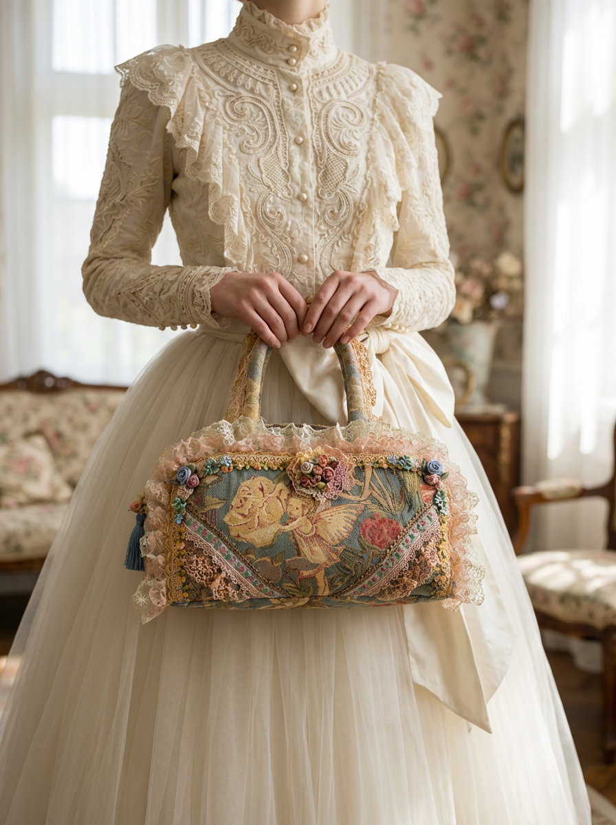 19世紀浪漫主義Angel Antique Victorian Lace Bag