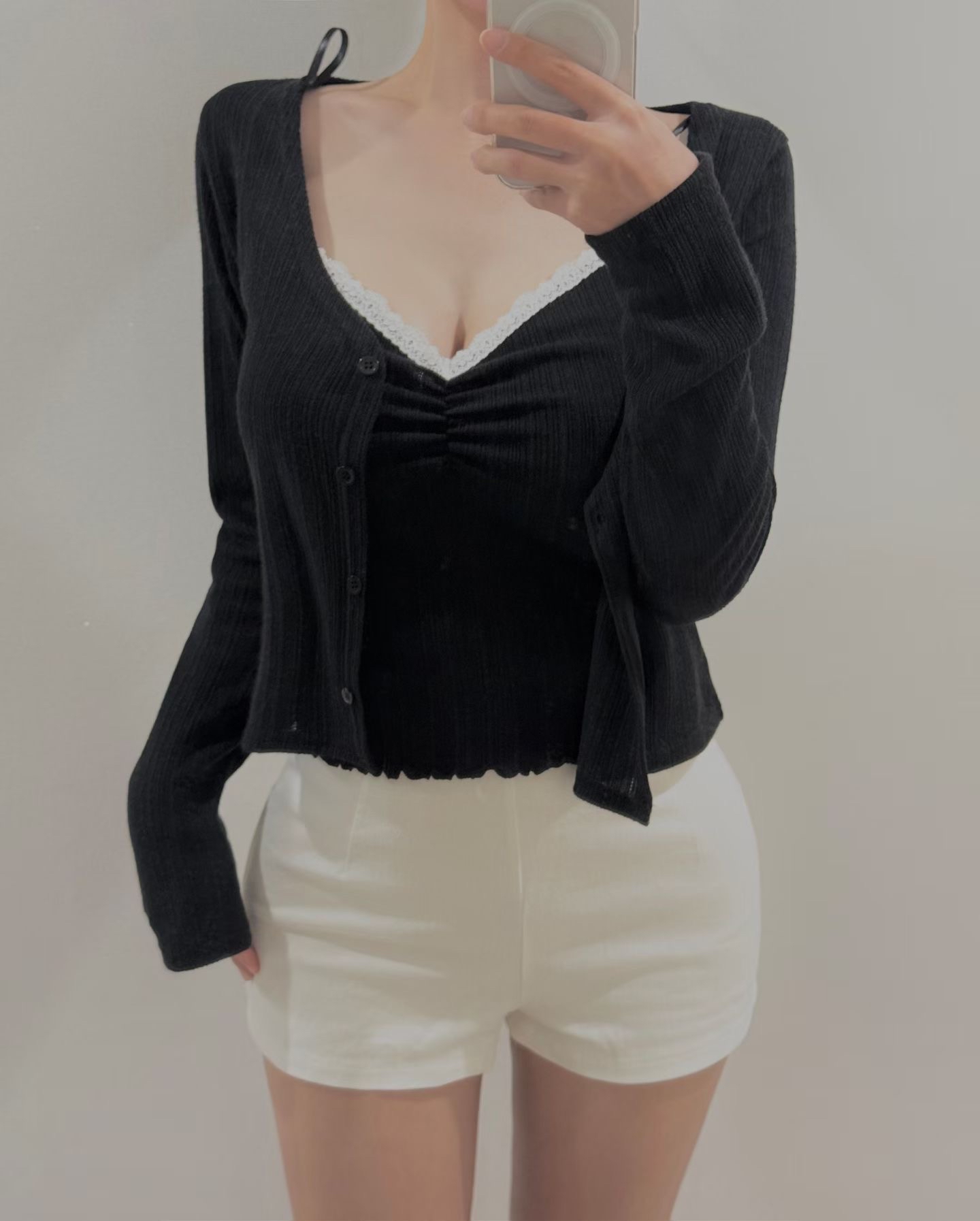 【 🫧 ♪ 今期推薦！冰藍色🧊～極致芭蕾舞院風🩵皺褶心形領絲帶背心 + 超修身直紋兩穿外套˚ʚɞ 】 Blue Valentine Cardigan Top Set(四色入)