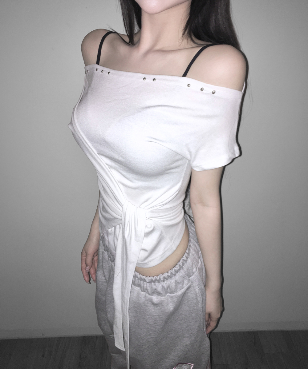 Studded Off-Shoulder Wrap Top