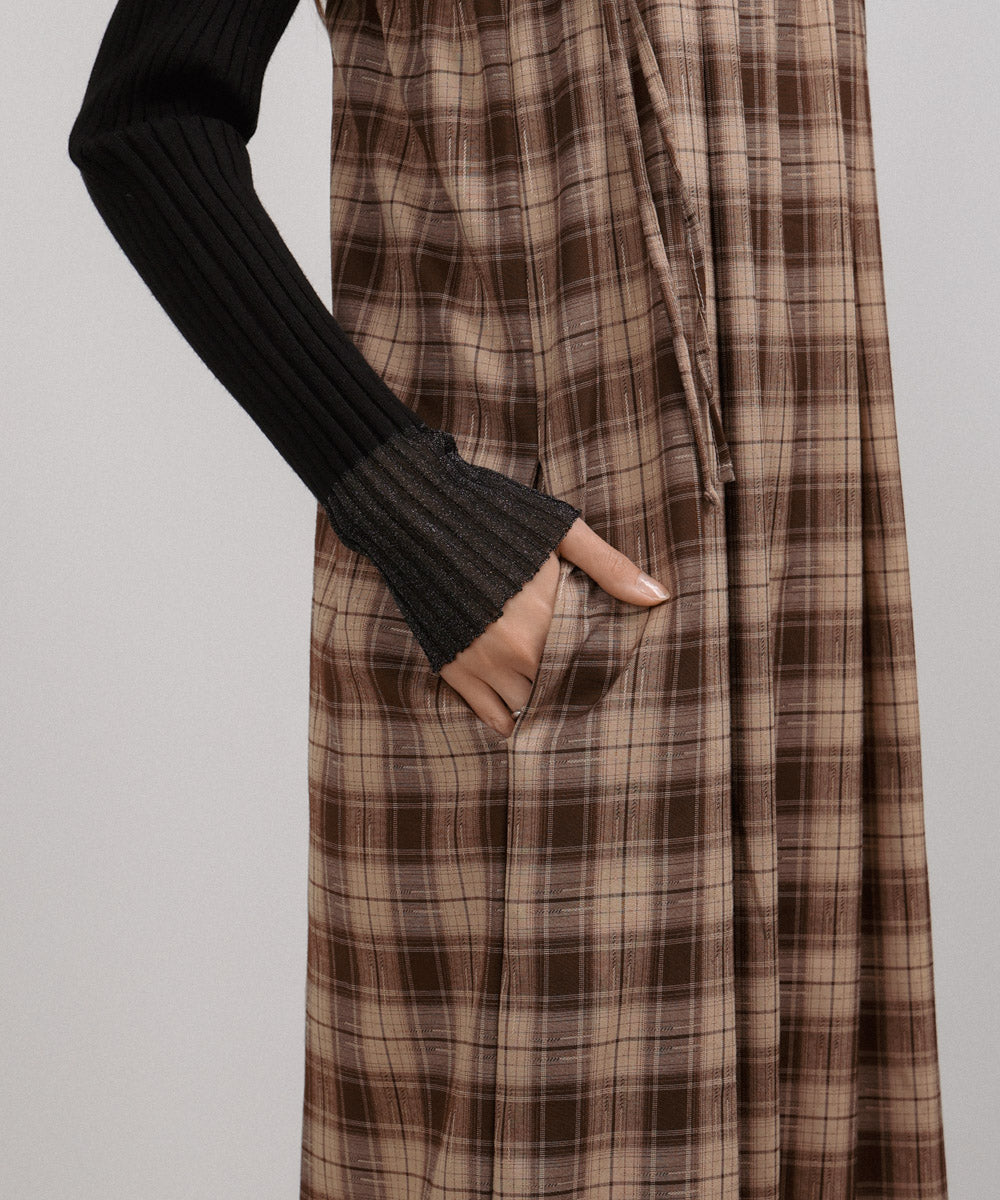 <限量現貨> 木耳邊粗肩束帶格紋OPS - brown 