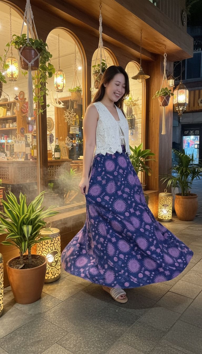 2181 Purple with Sun Pattern Half Rubberband Skirt 40"