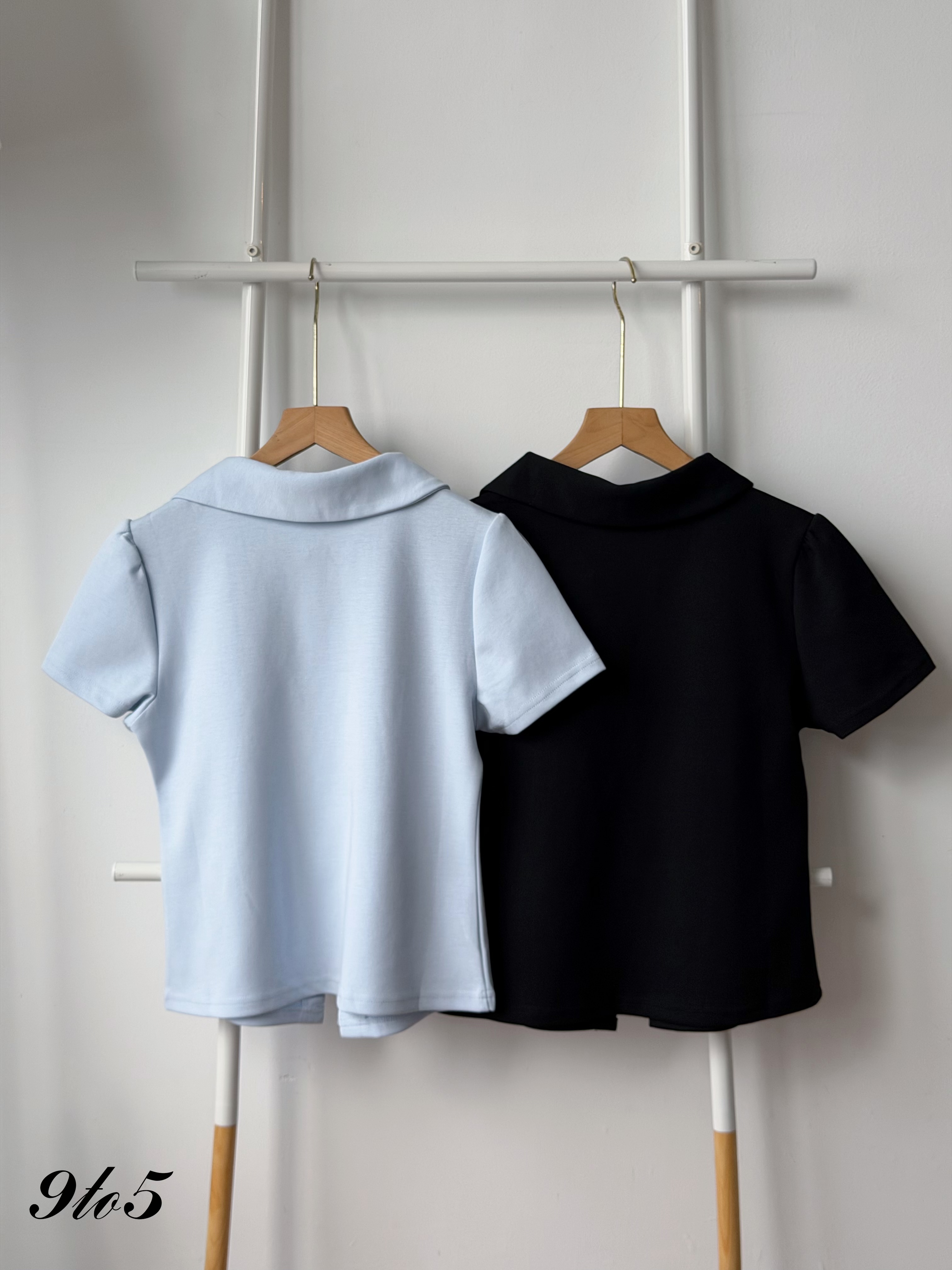 T4483 Irregular Collar Puff Sleeve Top - Black & Blue