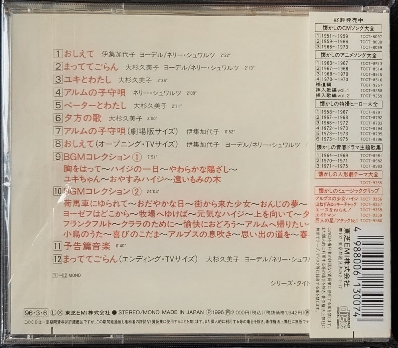 (新品同樣) 世界名作劇場 < 飄零燕 - 阿爾卑斯山的少女 > 1996 CD專輯