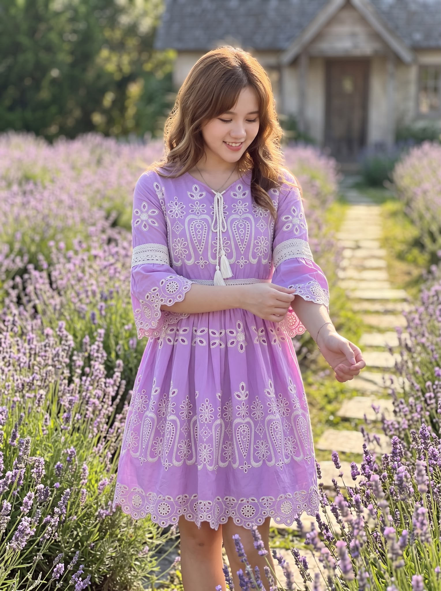 2726 Lavender Elastic Waist With English Embroidery Short OP 35"
