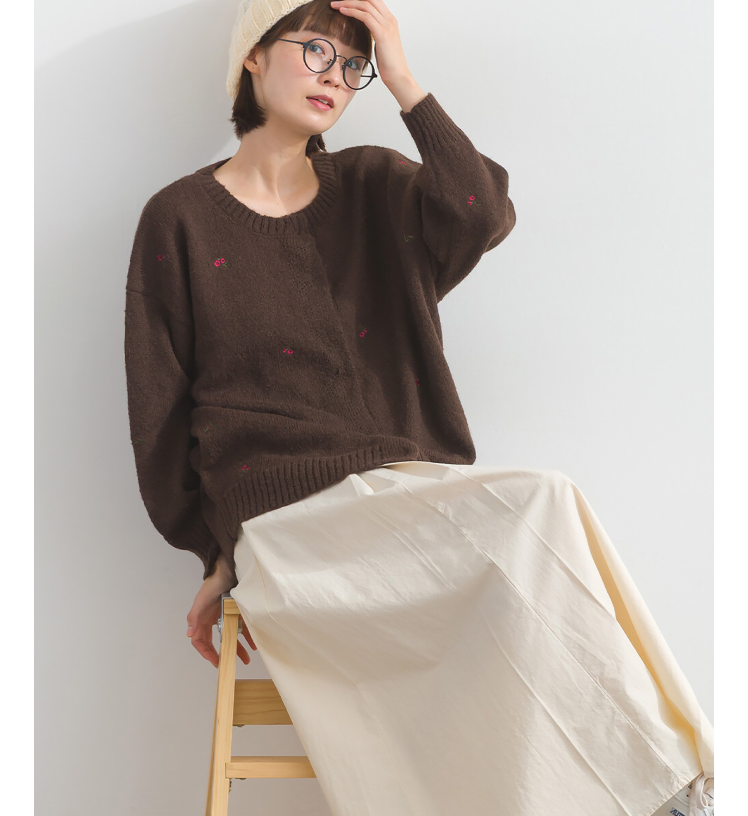 LP - 平針小花開襟毛衣 (咖啡色)