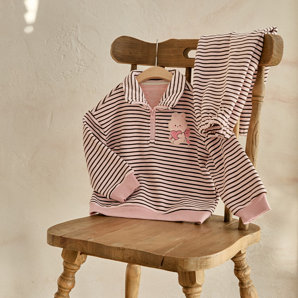 25F/W DTD萌趣條紋學院風系列-半開襟加絨上下套裝 120