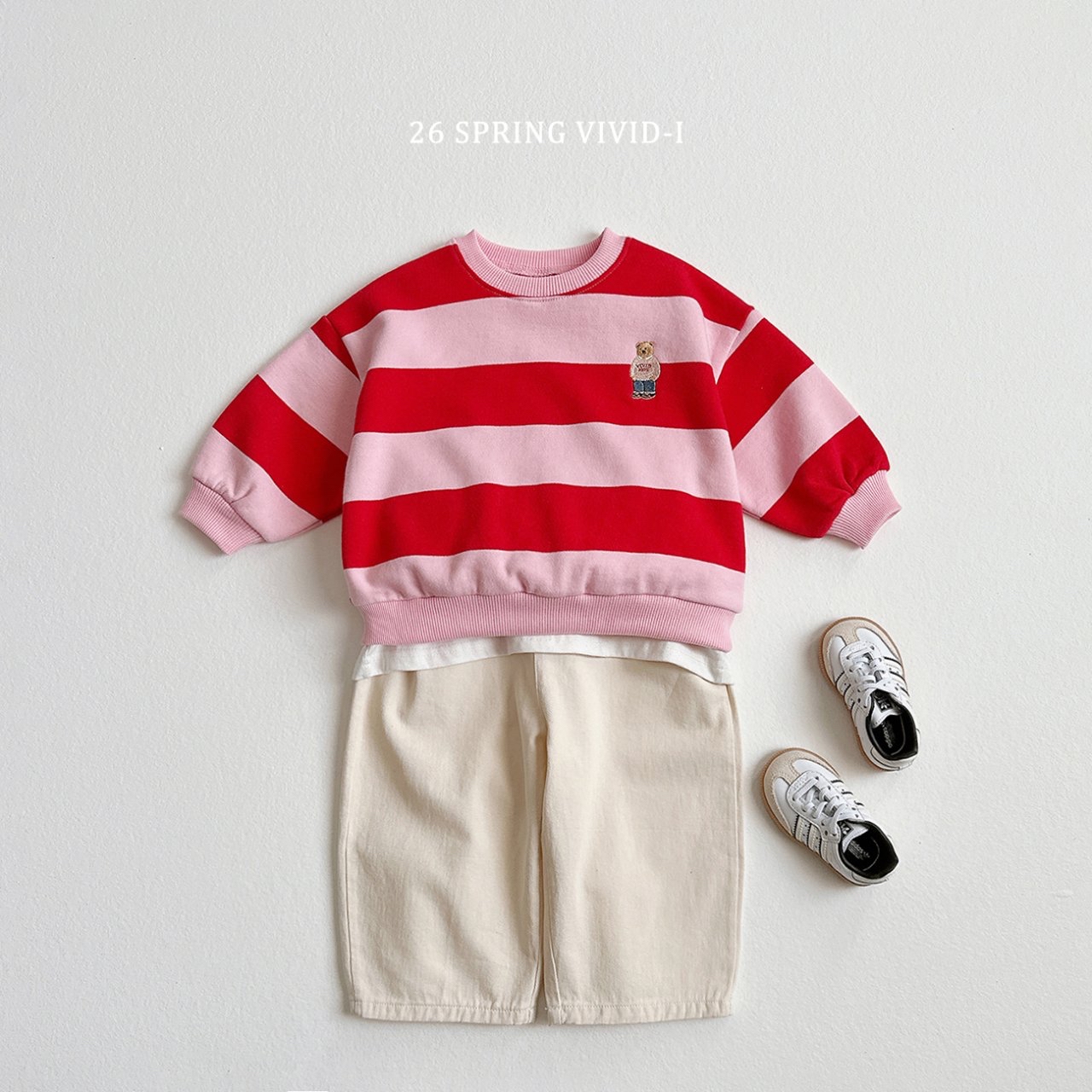 🌸預訂 韓國直送🌸🇰🇷VIVIDI四色標誌性小熊刺繡拼色條紋毛圈寬鬆衛衣