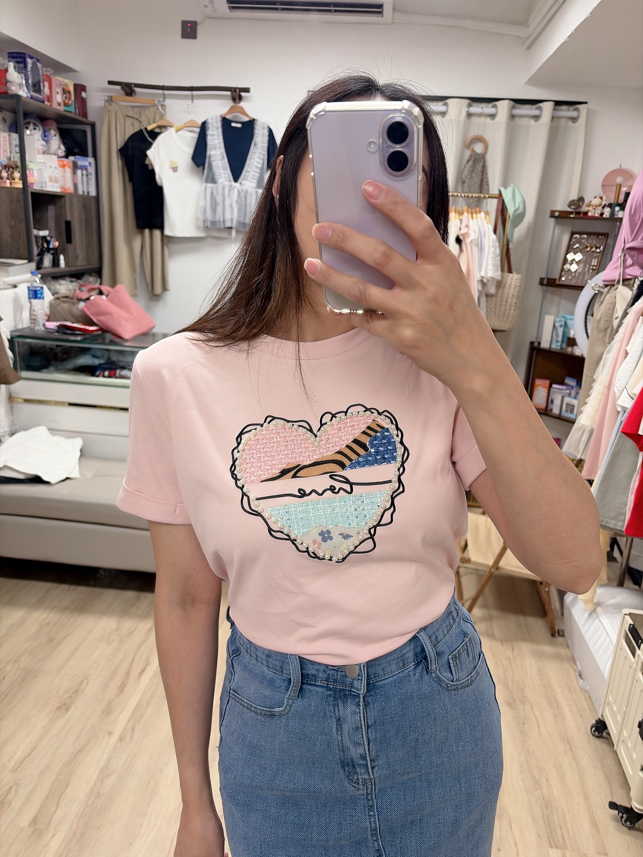Tweeds拼色心型珠珠滑棉Tee 