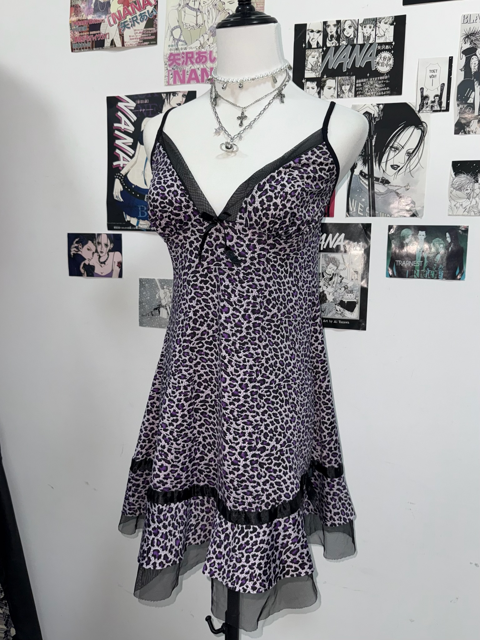 Purple Leopard Print Mesh Slip Dress
