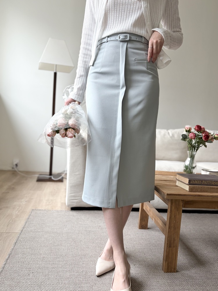Belted Pencil Skirt (Blue)