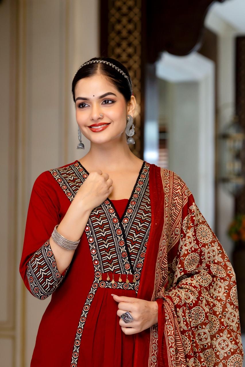 Deep Red & Black  cotton Kurta set