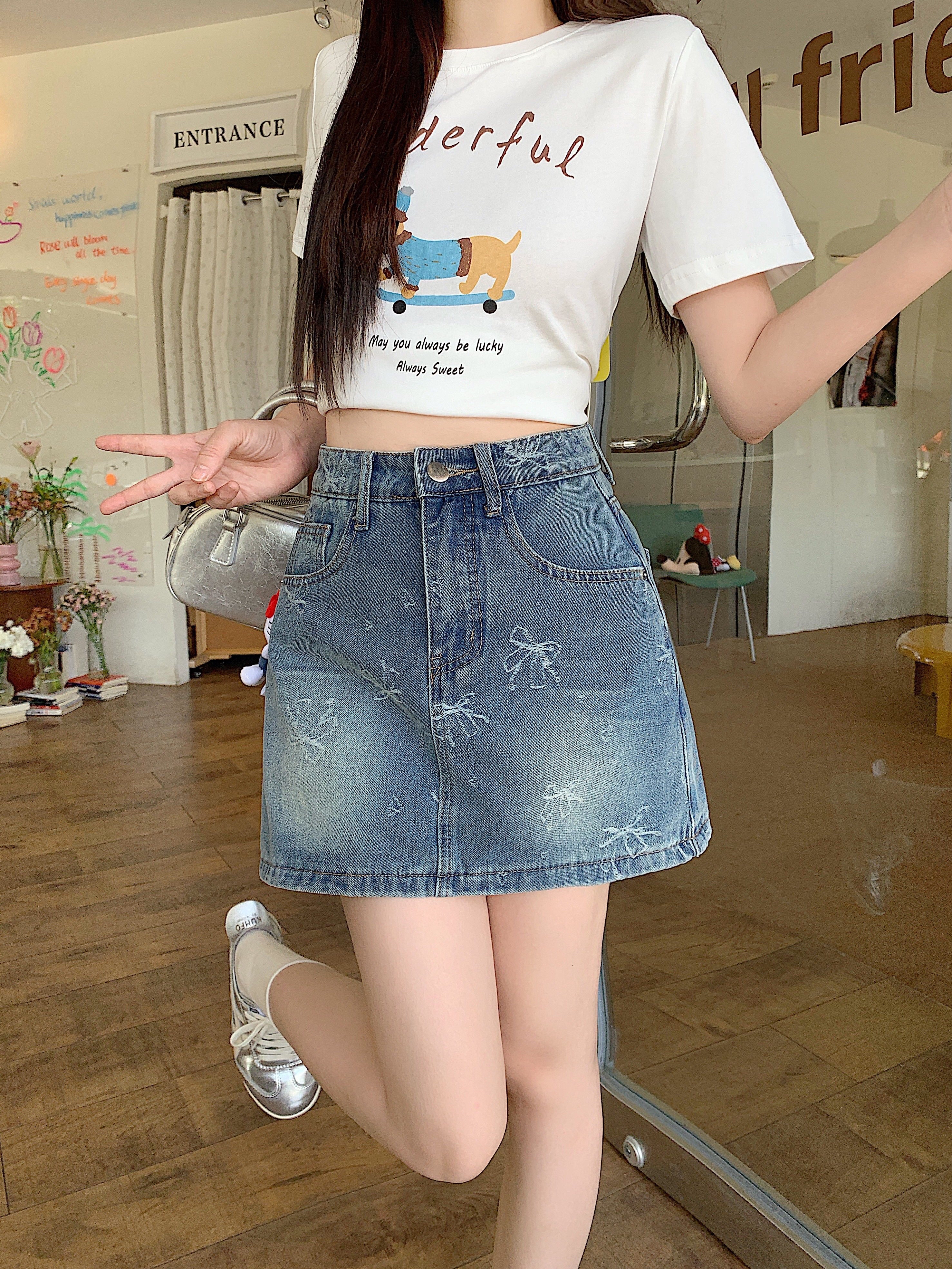 B446(66130) 韩系JEANS甜美风蝴蝶结印花设计感蓝前裙后裤