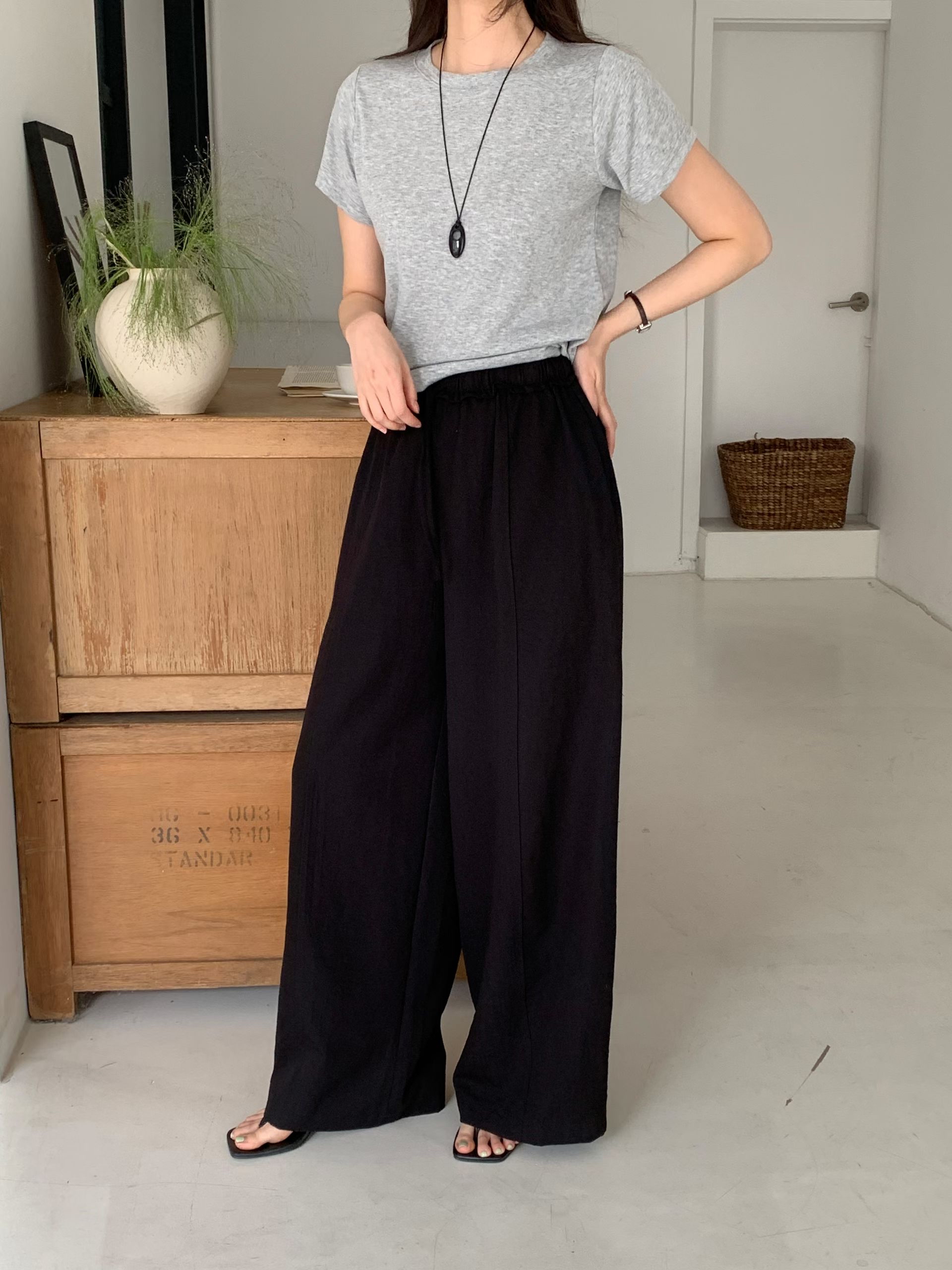 CT21 韓系抽繩鬆緊高腰闊腿褲