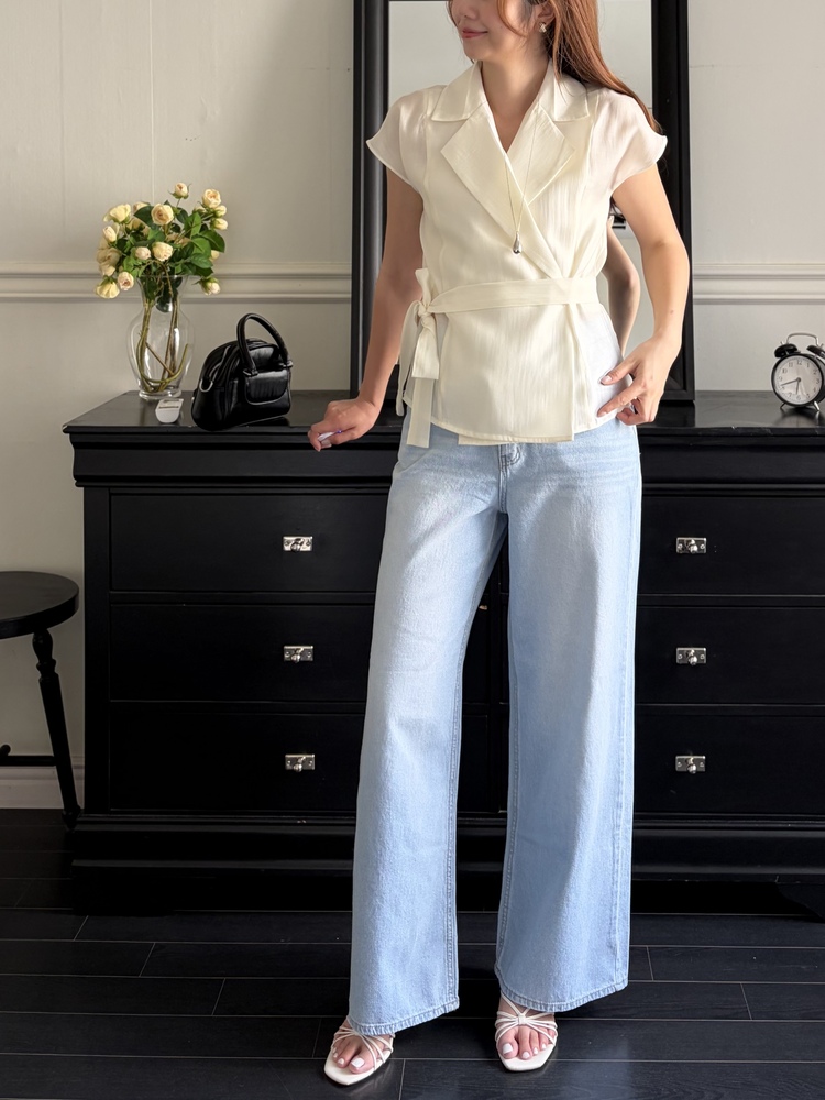 Silky Belted Wrap Blouse (Ivory)