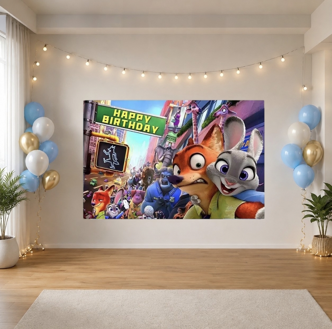 （D）優獸大都會主題Happy Birthday Party Backdrop 拍照背景布
