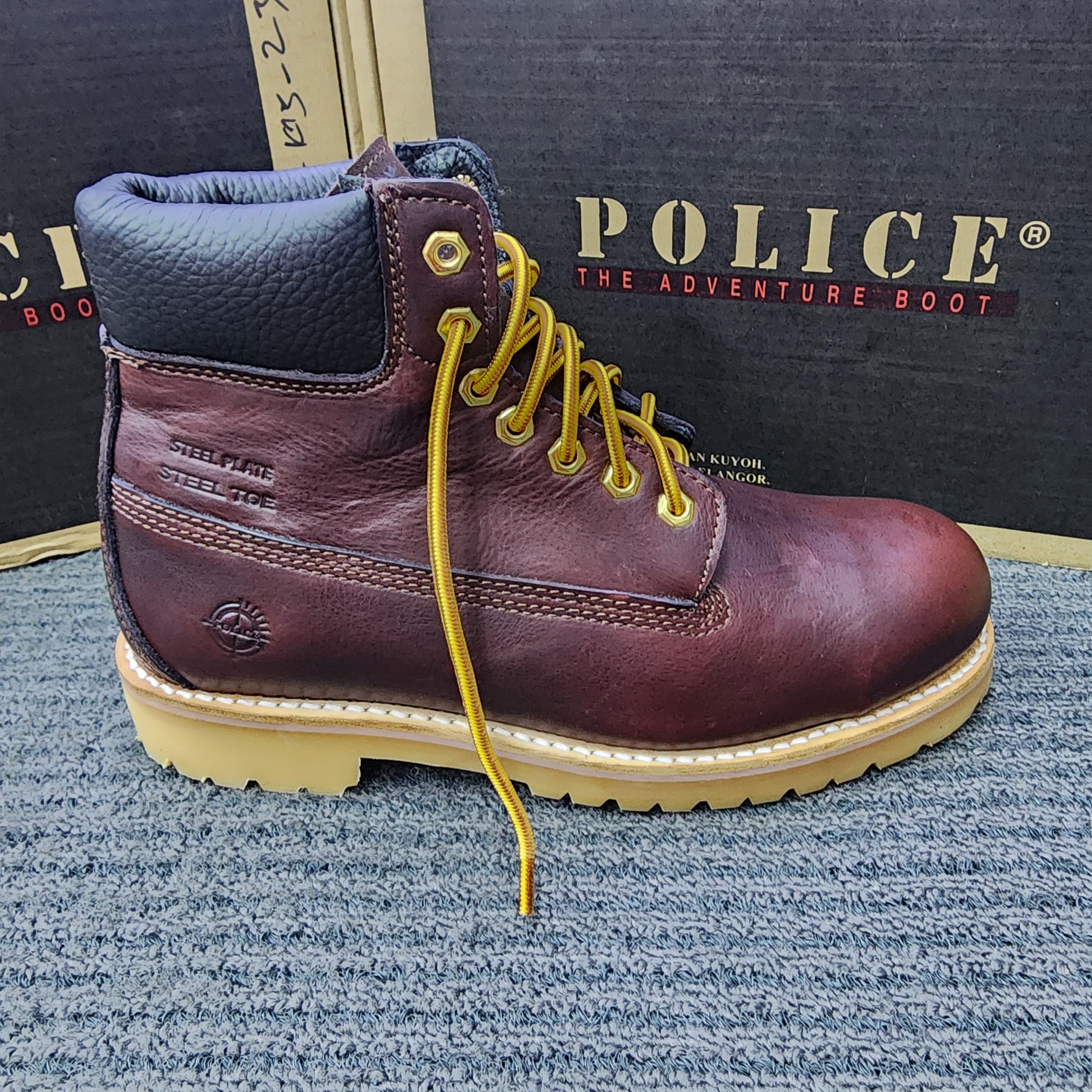 POLICE SAFETY SHOES 90528 MID CUT LACE CAMEL MAROON ORIGINAL KASUT KESELAMATAN