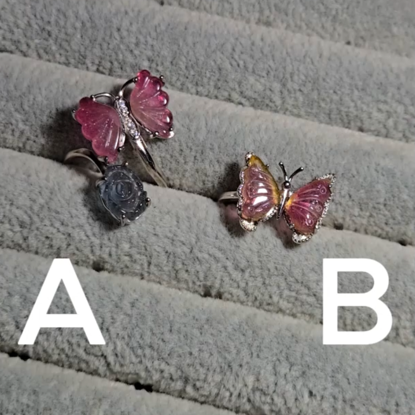 Candy tourmaline butterfly and rose ring, adjustable sterling silver (A) - TR278