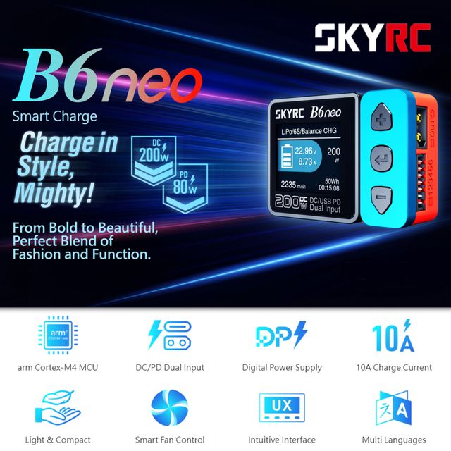 SKYRC B6neo 智能充電器｜迷你200W｜Type C PD＋XT60 DC輸入