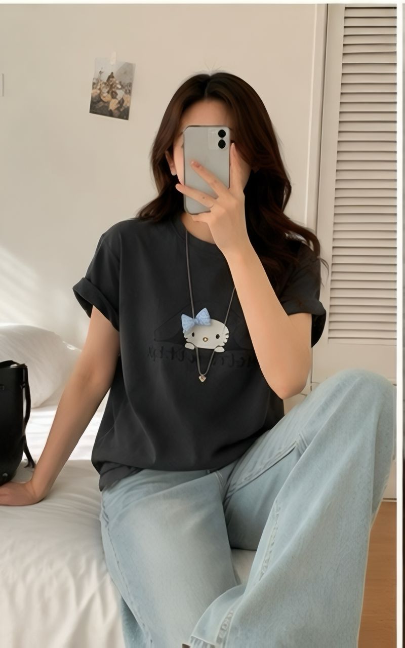 A012282 New Korean-style Oversized Slimming Versatile Crew Neck KT Bow Short Sleeve T-Shirt